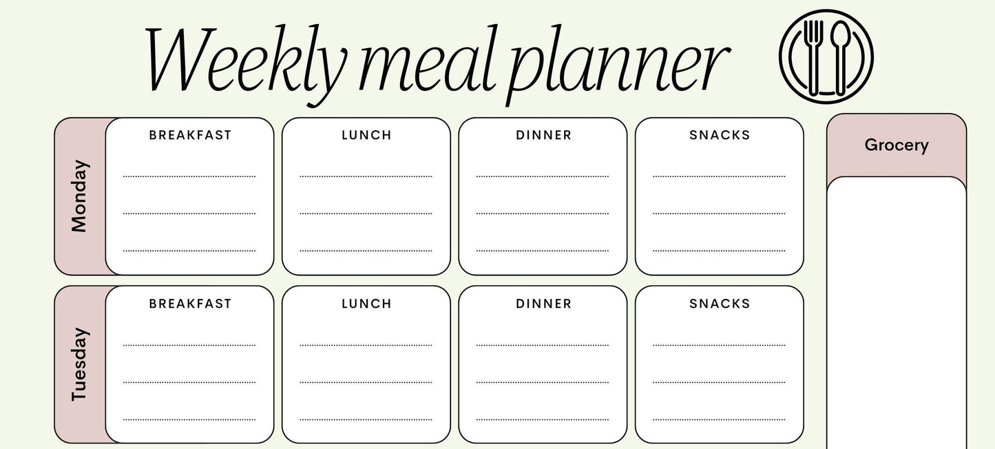 Weekly Printable Meal Planner with Grocery List | Food Diary | Healthy Eating Motivation
