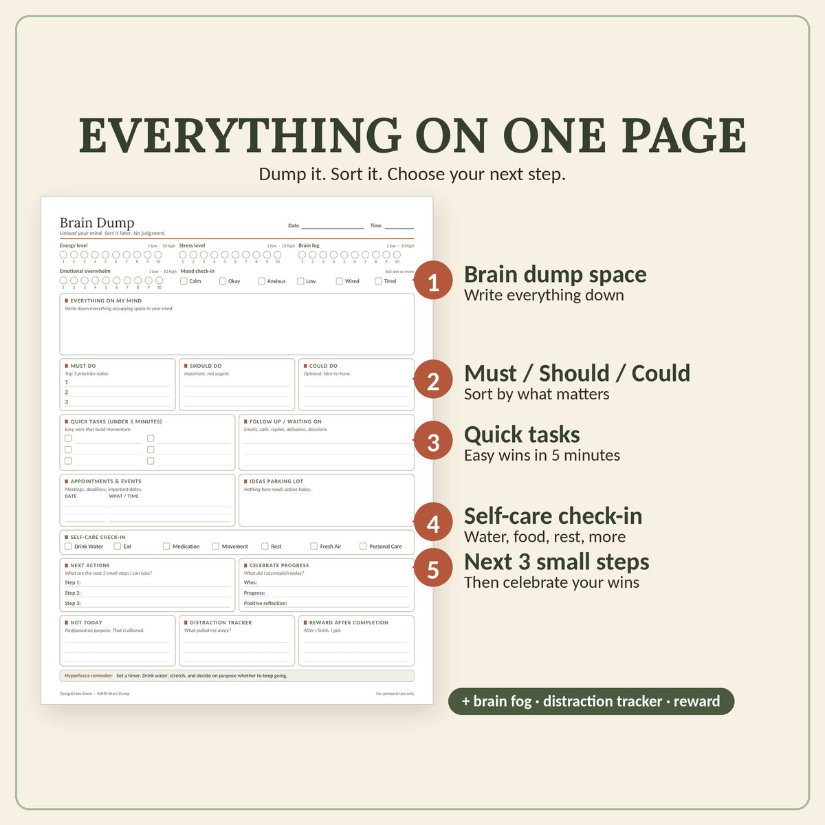 ADHD Brain Dump Printable Worksheet & Planner: Fillable PDF, Letter + A4