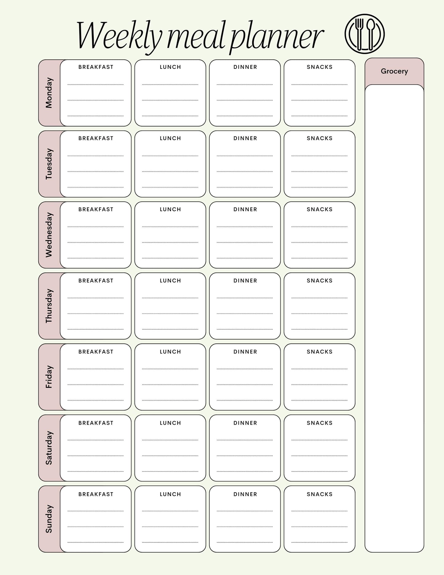 Weekly Printable Meal Planner with Grocery List | Food Diary | Healthy Eating Motivation