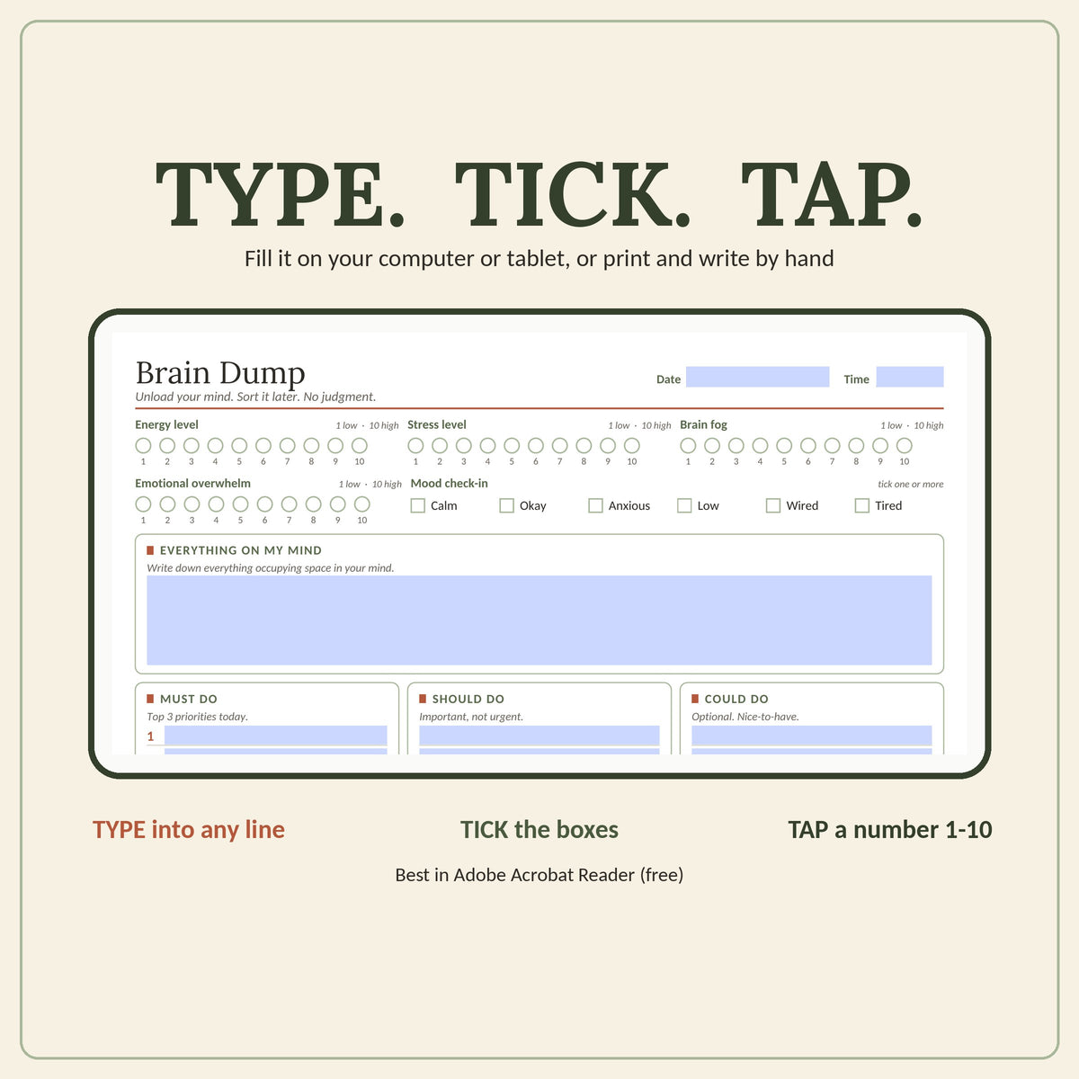 ADHD Brain Dump Printable Worksheet & Planner: Fillable PDF, Letter + A4