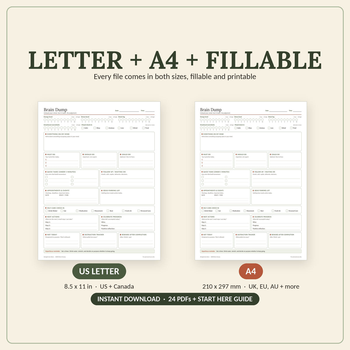 ADHD Brain Dump Printable Worksheet & Planner: Fillable PDF, Letter + A4