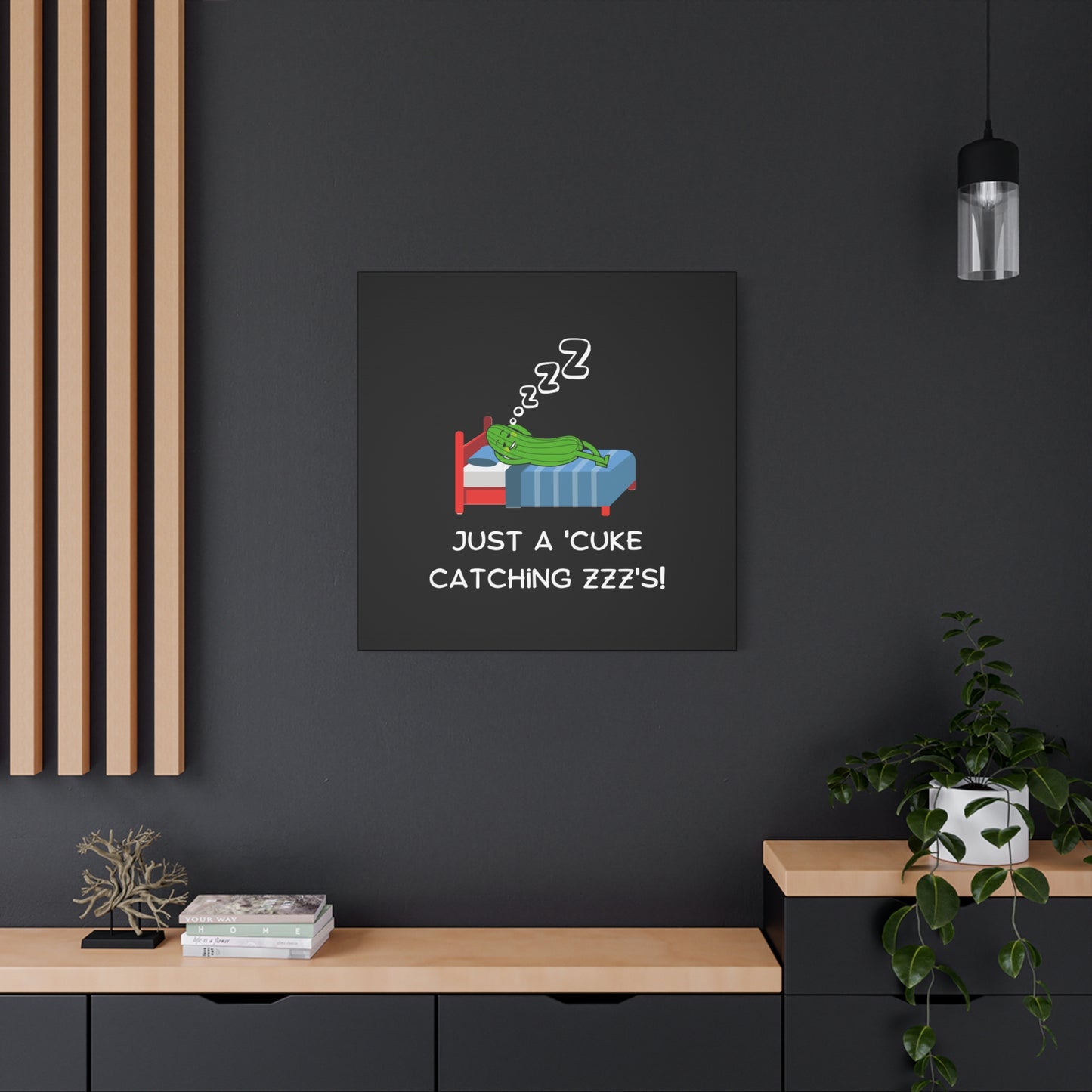 Funny Cucumber Matte Canvas, Stretched, 1.25", Just a Cuke Catching Zzzs Sleepy Pun Decor, Cute Food Pun Canvas Art, Quirky Home Decor