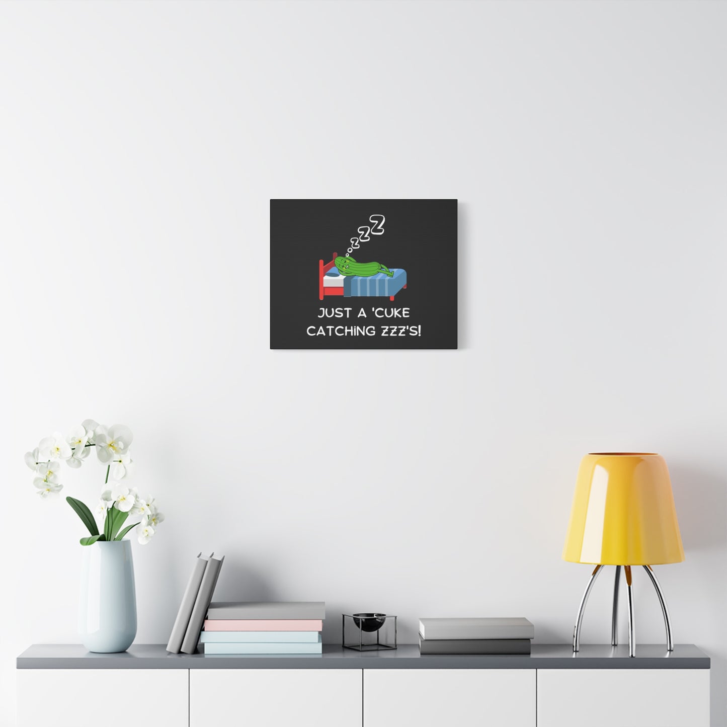 Funny Cucumber Matte Canvas, Stretched, 1.25", Just a Cuke Catching Zzzs Sleepy Pun Decor, Cute Food Pun Canvas Art, Quirky Home Decor