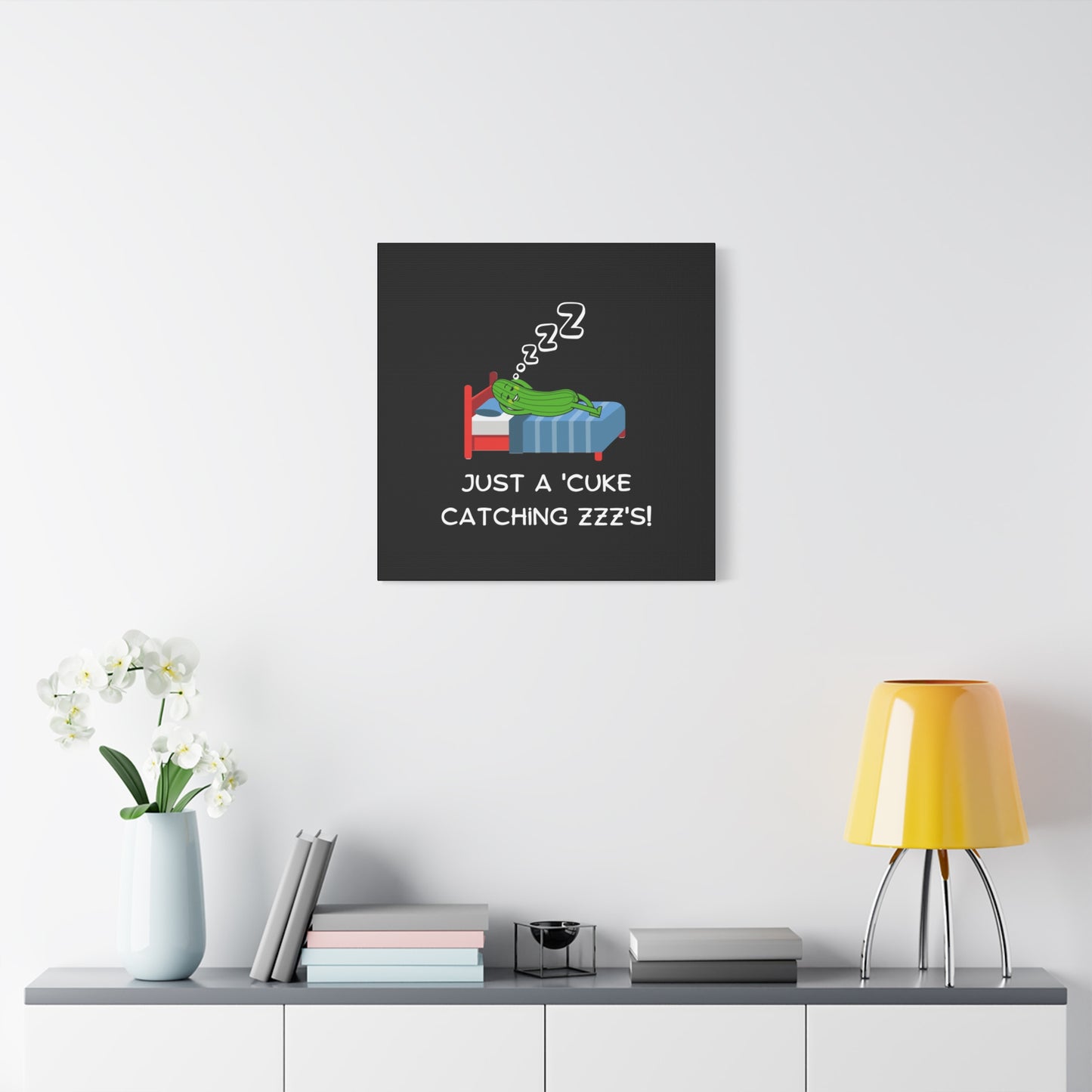 Funny Cucumber Matte Canvas, Stretched, 1.25", Just a Cuke Catching Zzzs Sleepy Pun Decor, Cute Food Pun Canvas Art, Quirky Home Decor