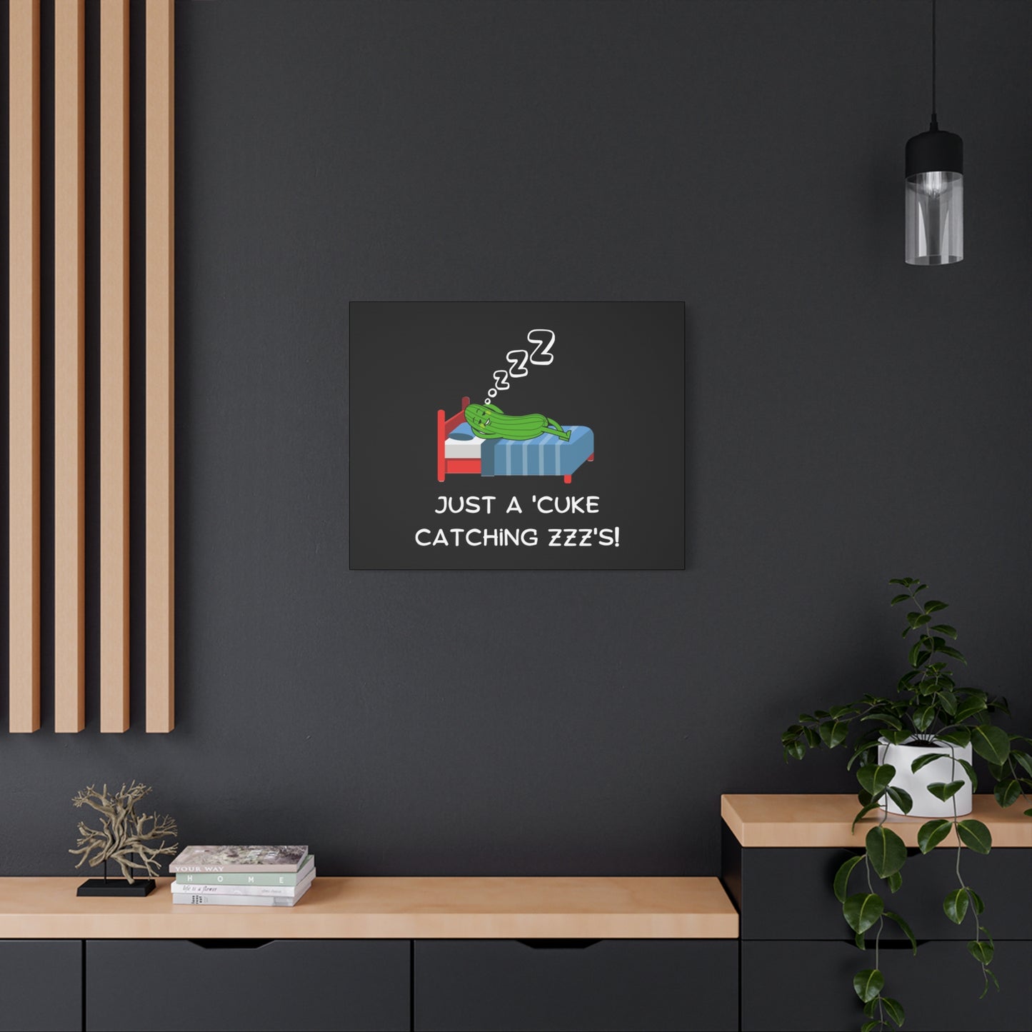 Funny Cucumber Matte Canvas, Stretched, 1.25", Just a Cuke Catching Zzzs Sleepy Pun Decor, Cute Food Pun Canvas Art, Quirky Home Decor