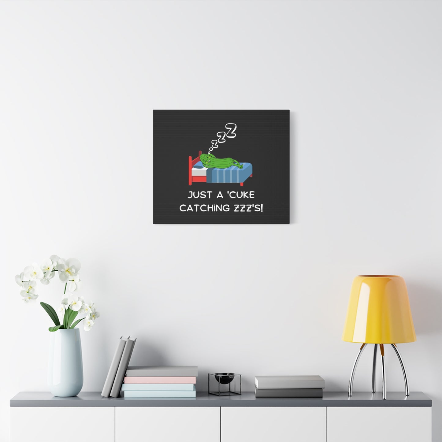 Funny Cucumber Matte Canvas, Stretched, 1.25", Just a Cuke Catching Zzzs Sleepy Pun Decor, Cute Food Pun Canvas Art, Quirky Home Decor