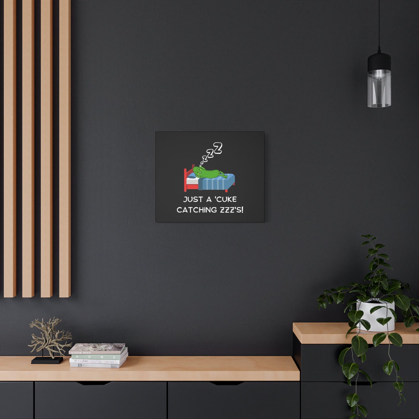 Funny Cucumber Matte Canvas, Stretched, 1.25", Just a Cuke Catching Zzzs Sleepy Pun Decor, Cute Food Pun Canvas Art, Quirky Home Decor