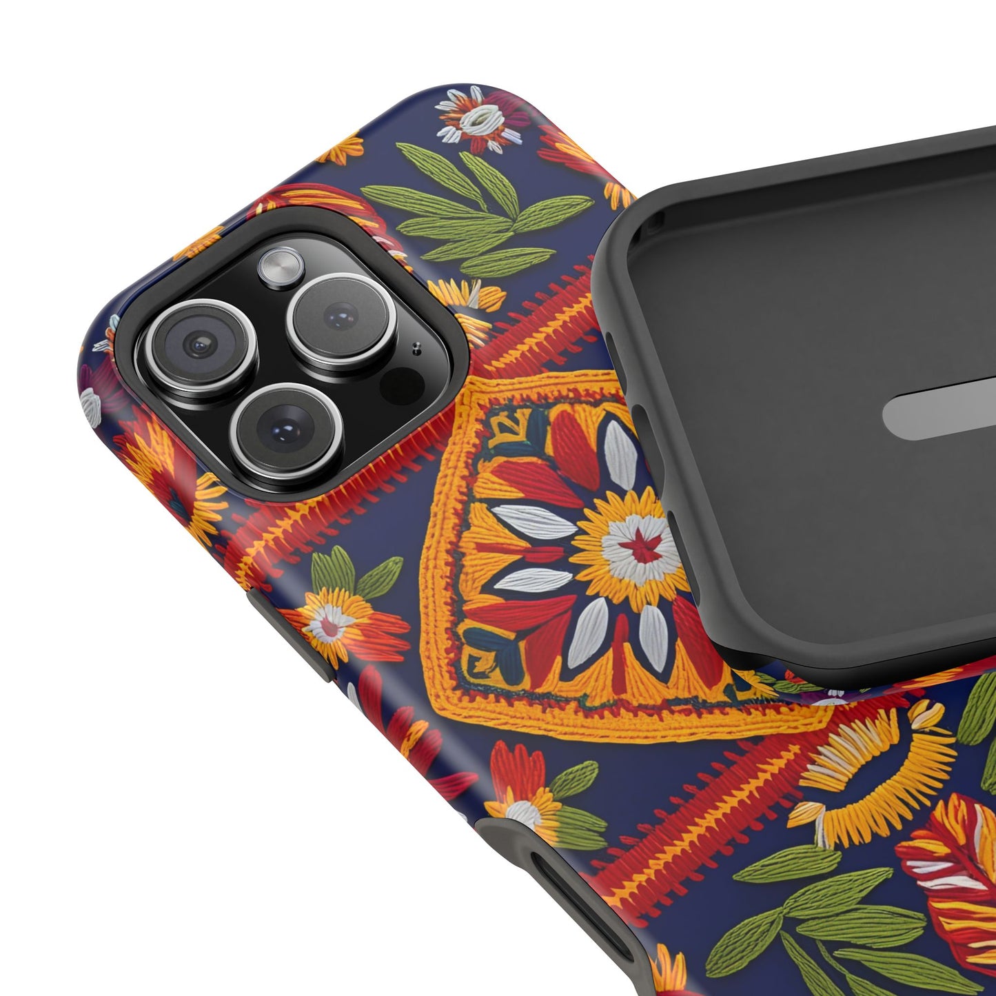 MagSafe Tough Phone Case, Magnetic 3D Floral Embroidery Design Phone Cover, Traditional Mexican Folk Art, Vibrant Heritage-Inspired Cover