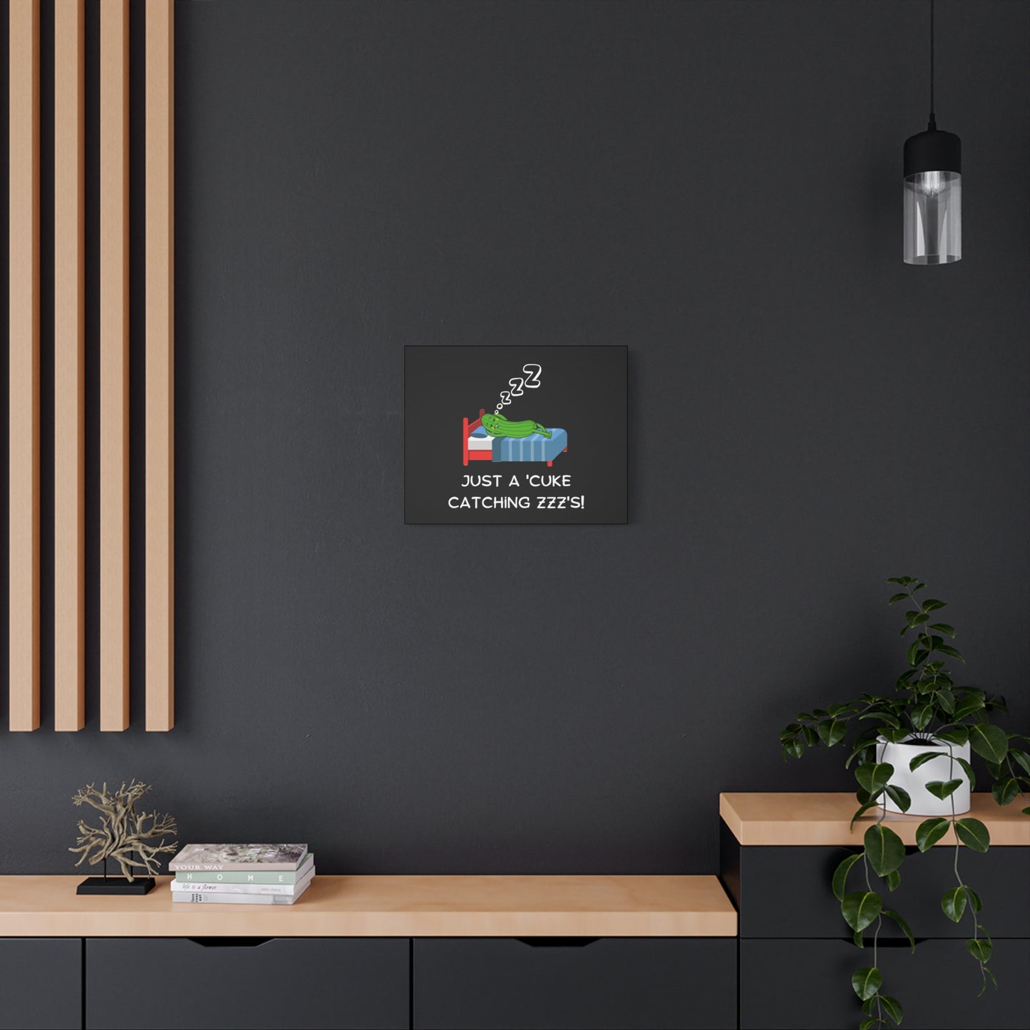 Funny Cucumber Matte Canvas, Stretched, 1.25", Just a Cuke Catching Zzzs Sleepy Pun Decor, Cute Food Pun Canvas Art, Quirky Home Decor