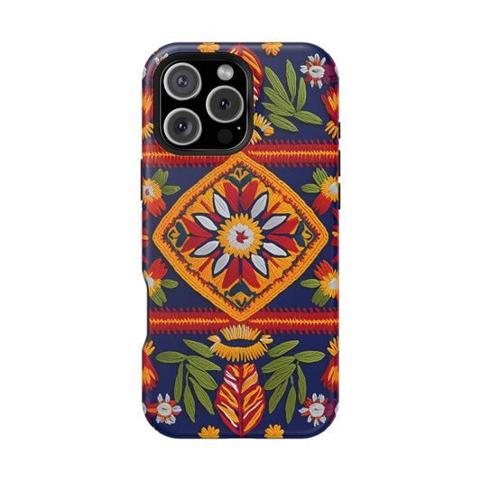MagSafe Tough Phone Case, Magnetic 3D Floral Embroidery Design Phone Cover, Traditional Mexican Folk Art, Vibrant Heritage-Inspired Cover