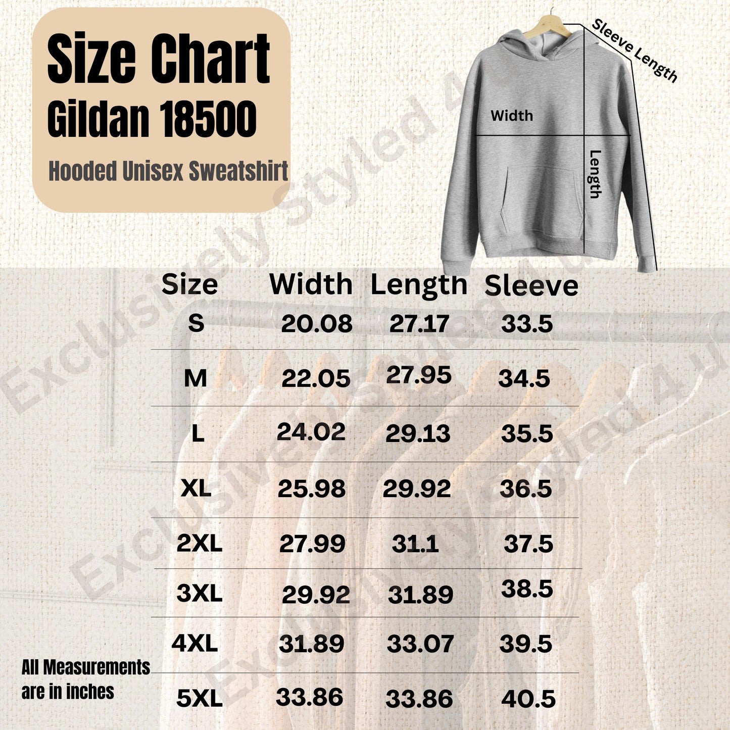 Gildan 18500 Size Chart Digital Download, Printable Gildan 18500 Mockup, Unisex Hooded Sweatshirt Sizing Guide for Print on Demand & Stores