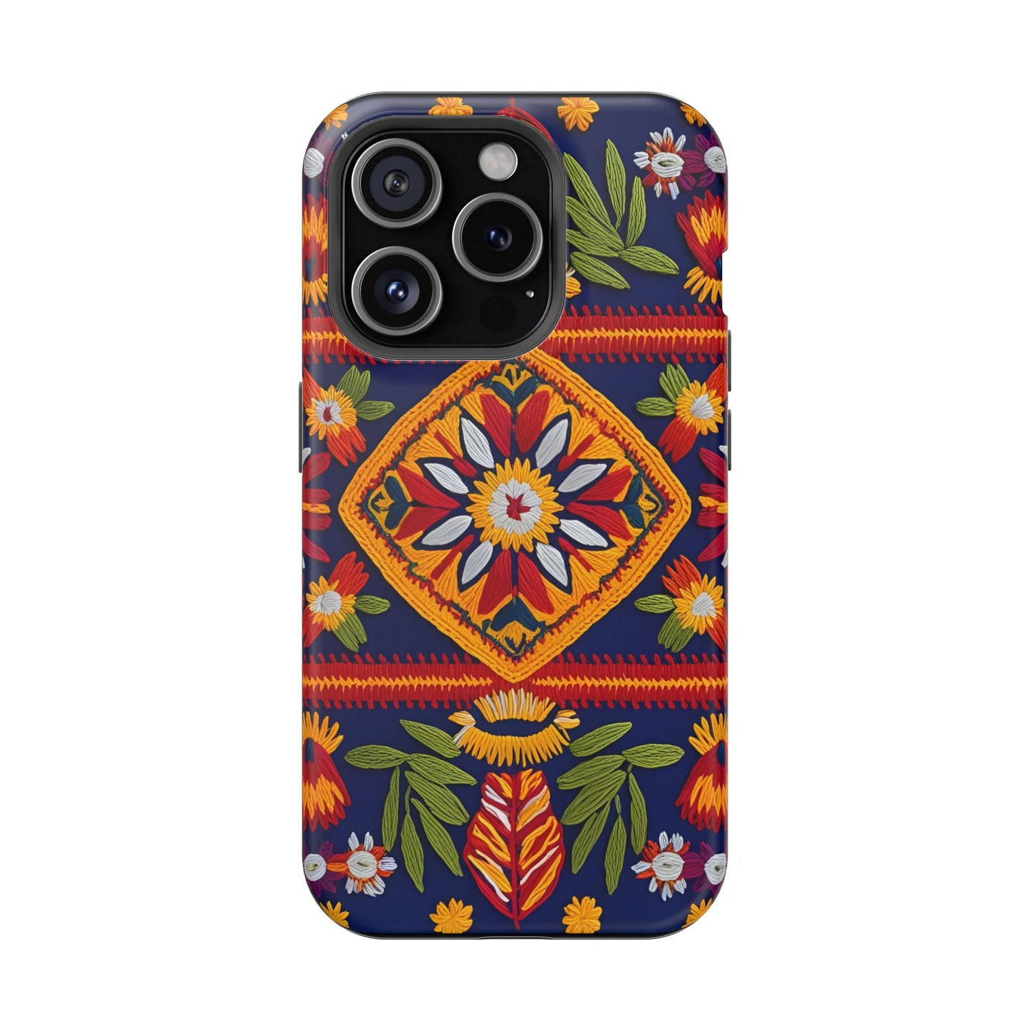 MagSafe Tough Phone Case, Magnetic 3D Floral Embroidery Design Phone Cover, Traditional Mexican Folk Art, Vibrant Heritage-Inspired Cover