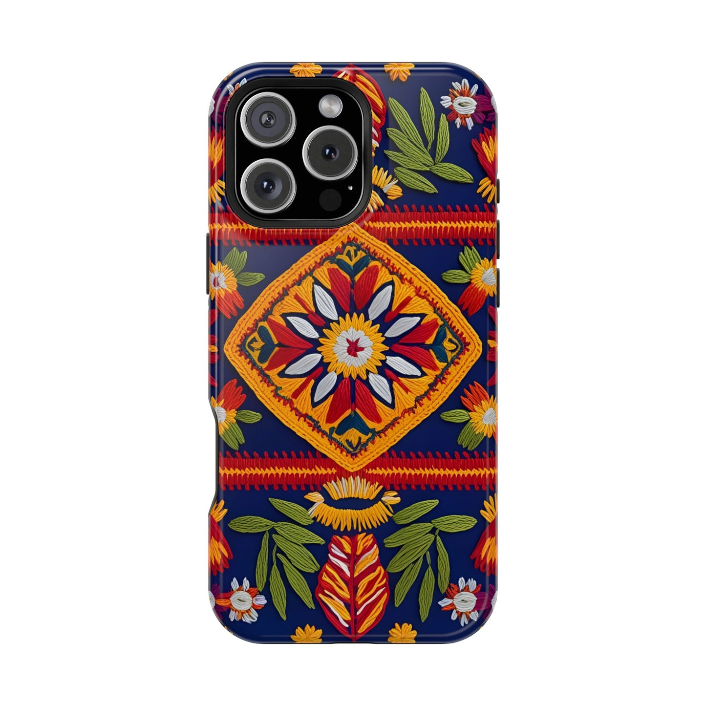MagSafe Tough Phone Case, Magnetic 3D Floral Embroidery Design Phone Cover, Traditional Mexican Folk Art, Vibrant Heritage-Inspired Cover