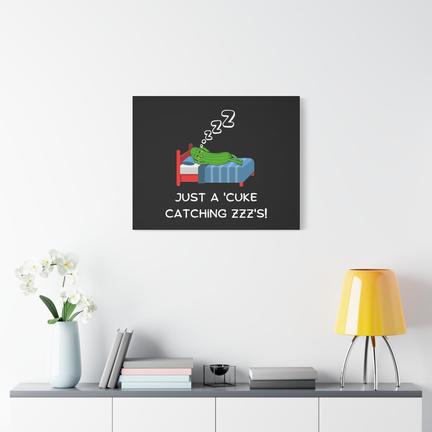 Funny Cucumber Matte Canvas, Stretched, 1.25", Just a Cuke Catching Zzzs Sleepy Pun Decor, Cute Food Pun Canvas Art, Quirky Home Decor