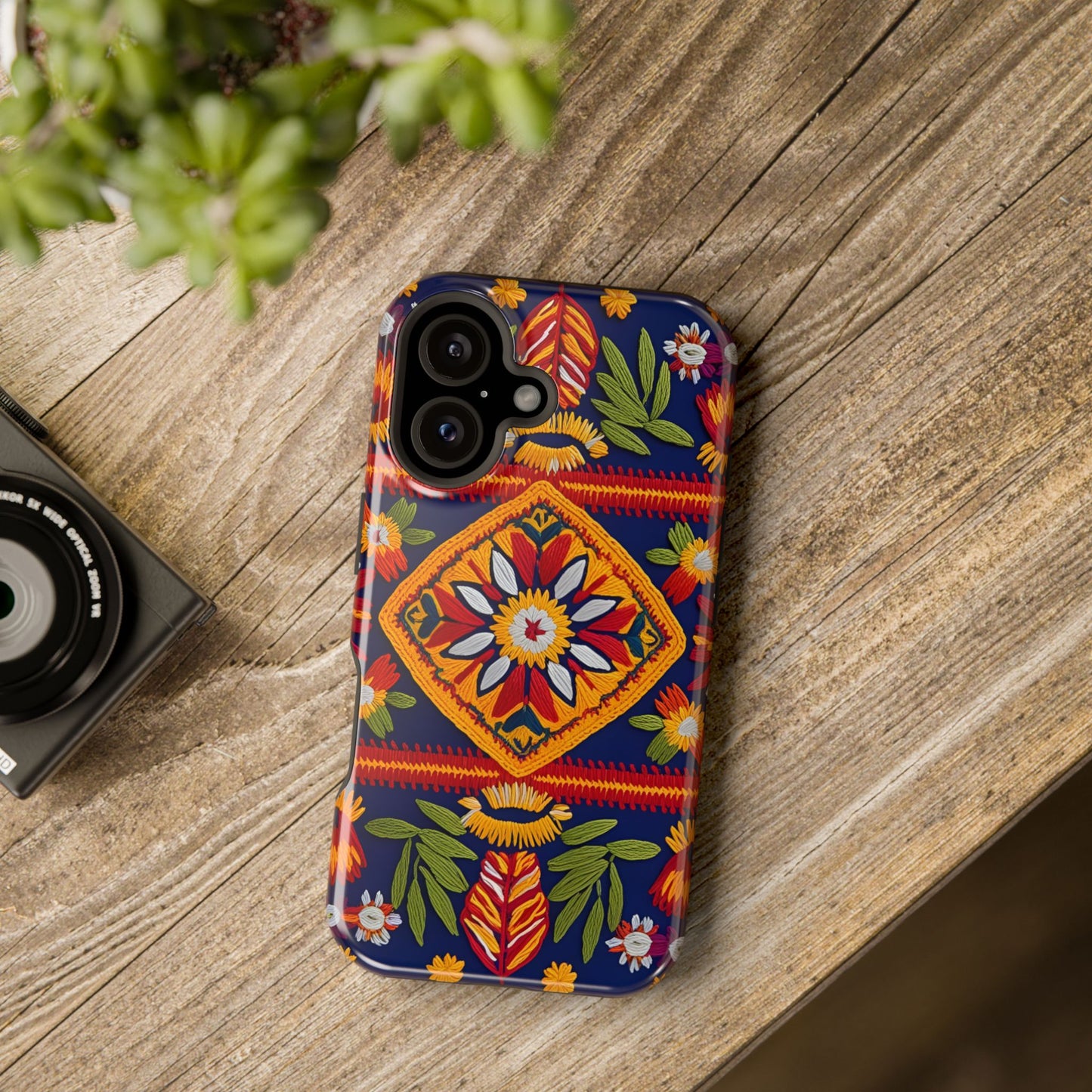 MagSafe Tough Phone Case, Magnetic 3D Floral Embroidery Design Phone Cover, Traditional Mexican Folk Art, Vibrant Heritage-Inspired Cover