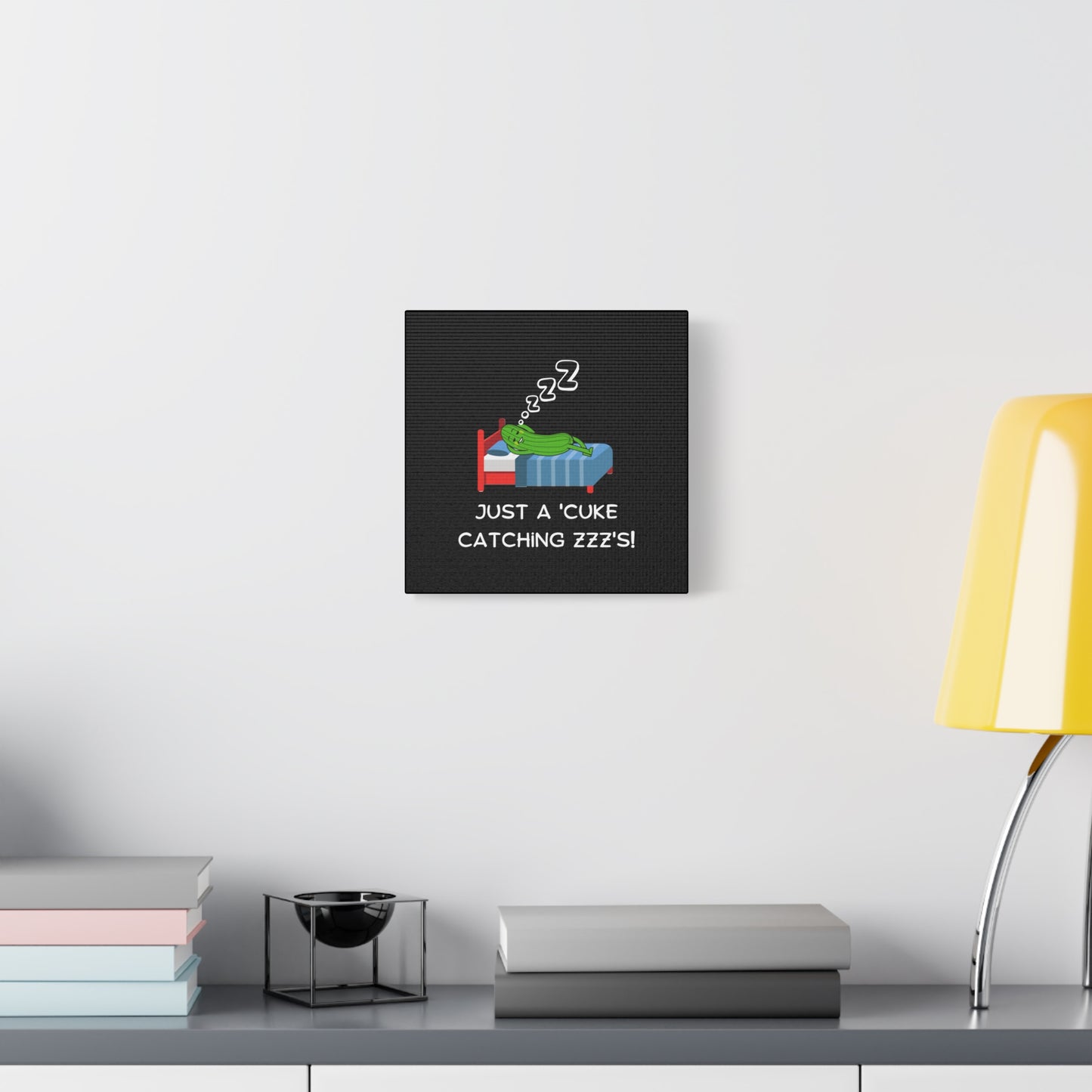 Funny Cucumber Matte Canvas, Stretched, 1.25", Just a Cuke Catching Zzzs Sleepy Pun Decor, Cute Food Pun Canvas Art, Quirky Home Decor