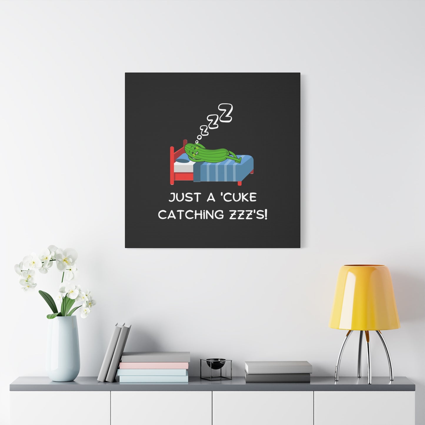 Funny Cucumber Matte Canvas, Stretched, 1.25", Just a Cuke Catching Zzzs Sleepy Pun Decor, Cute Food Pun Canvas Art, Quirky Home Decor