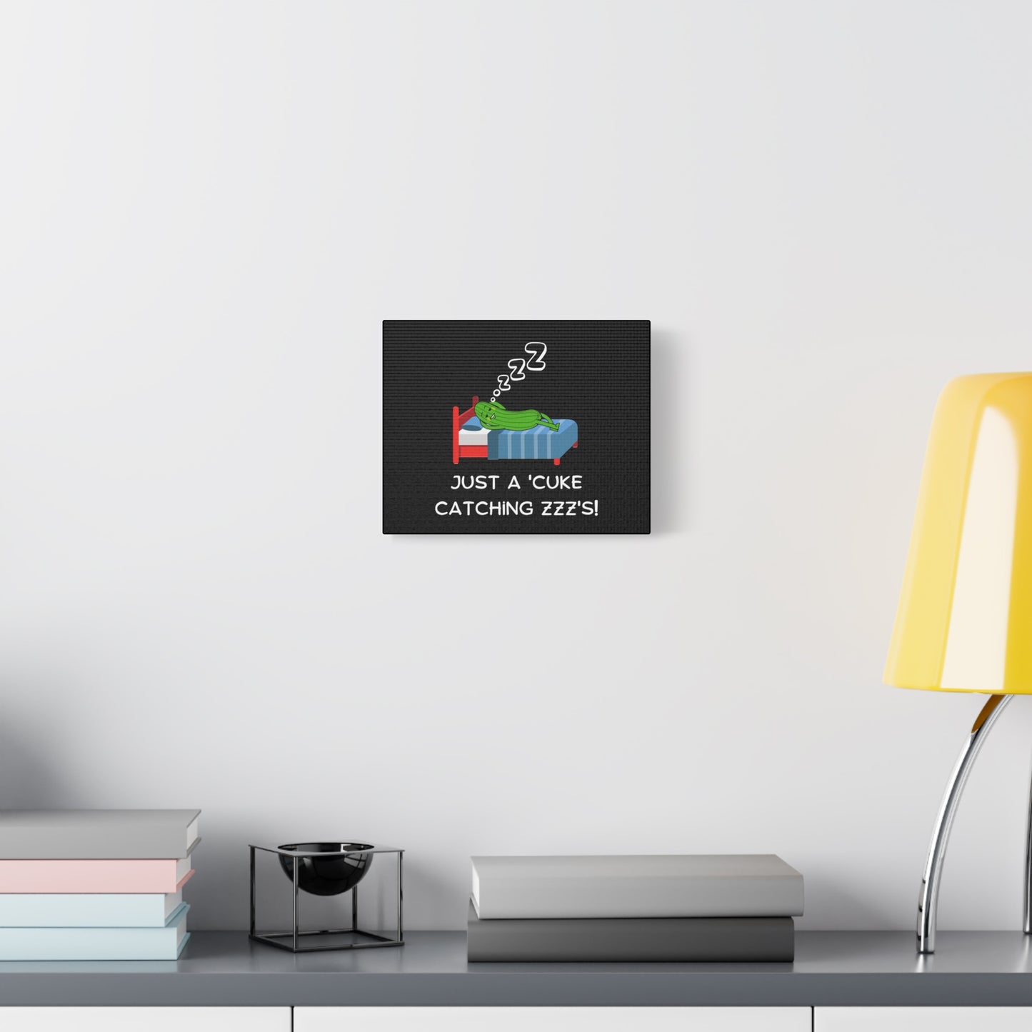 Funny Cucumber Matte Canvas, Stretched, 1.25", Just a Cuke Catching Zzzs Sleepy Pun Decor, Cute Food Pun Canvas Art, Quirky Home Decor