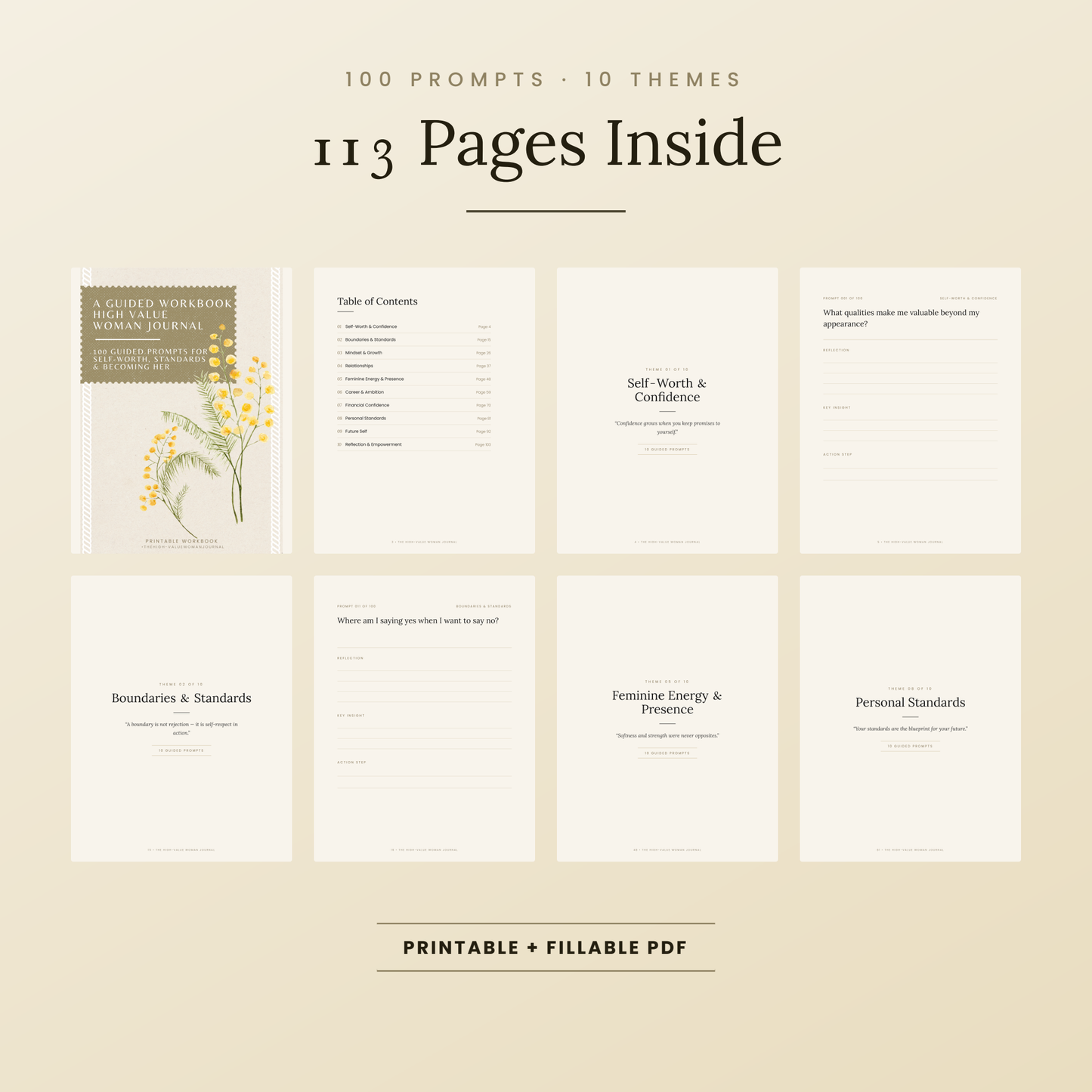 High Value Woman Journal — 100 Guided Self-Worth Prompts (Printable + Fillable PDF)