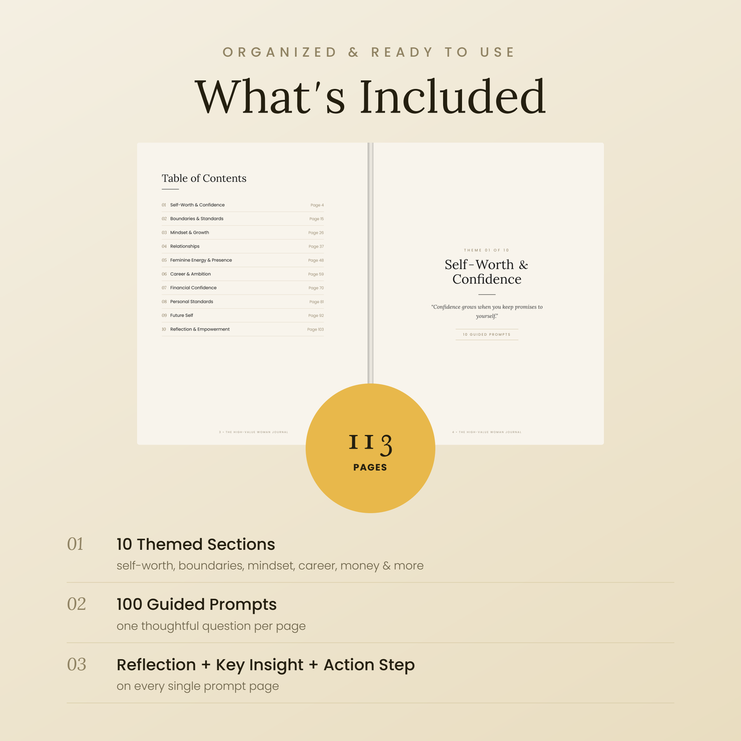High Value Woman Journal — 100 Guided Self-Worth Prompts (Printable + Fillable PDF)