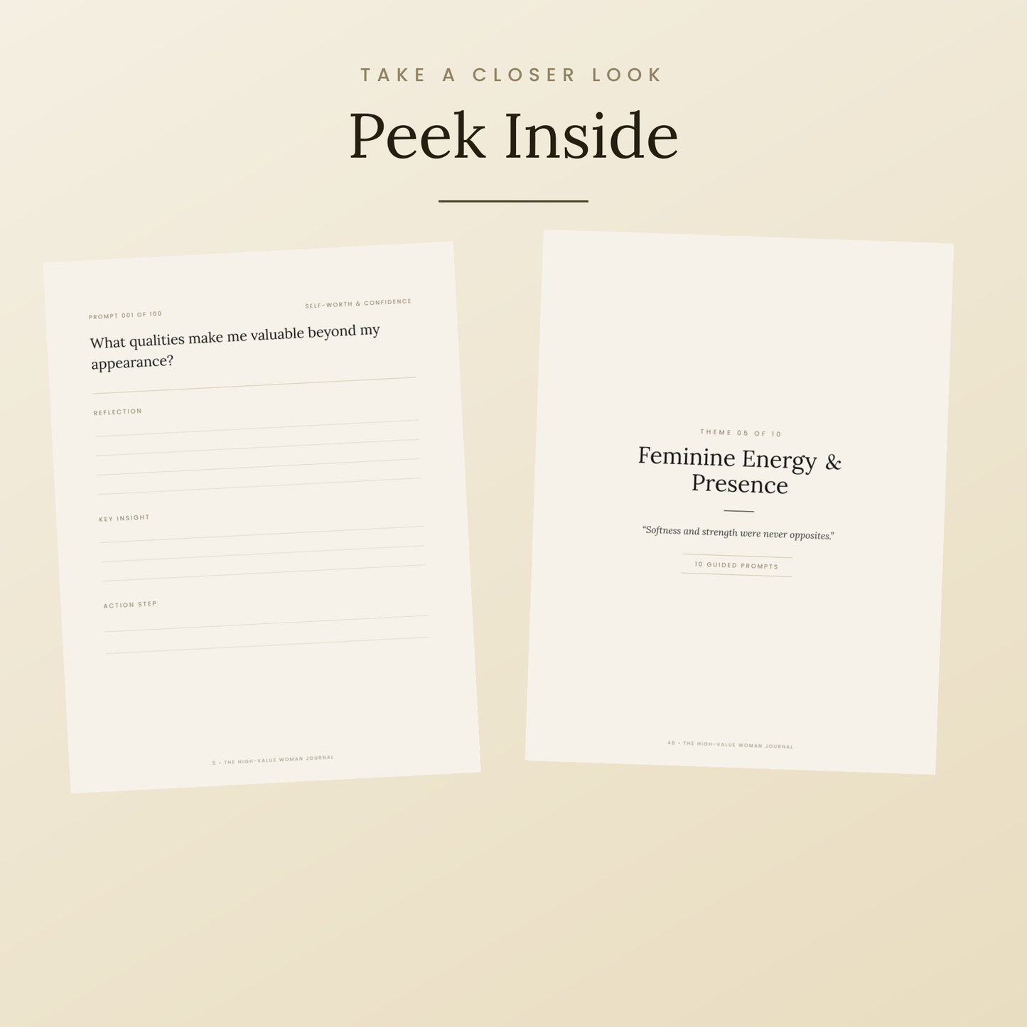 High Value Woman Journal — 100 Guided Self-Worth Prompts (Printable + Fillable PDF)