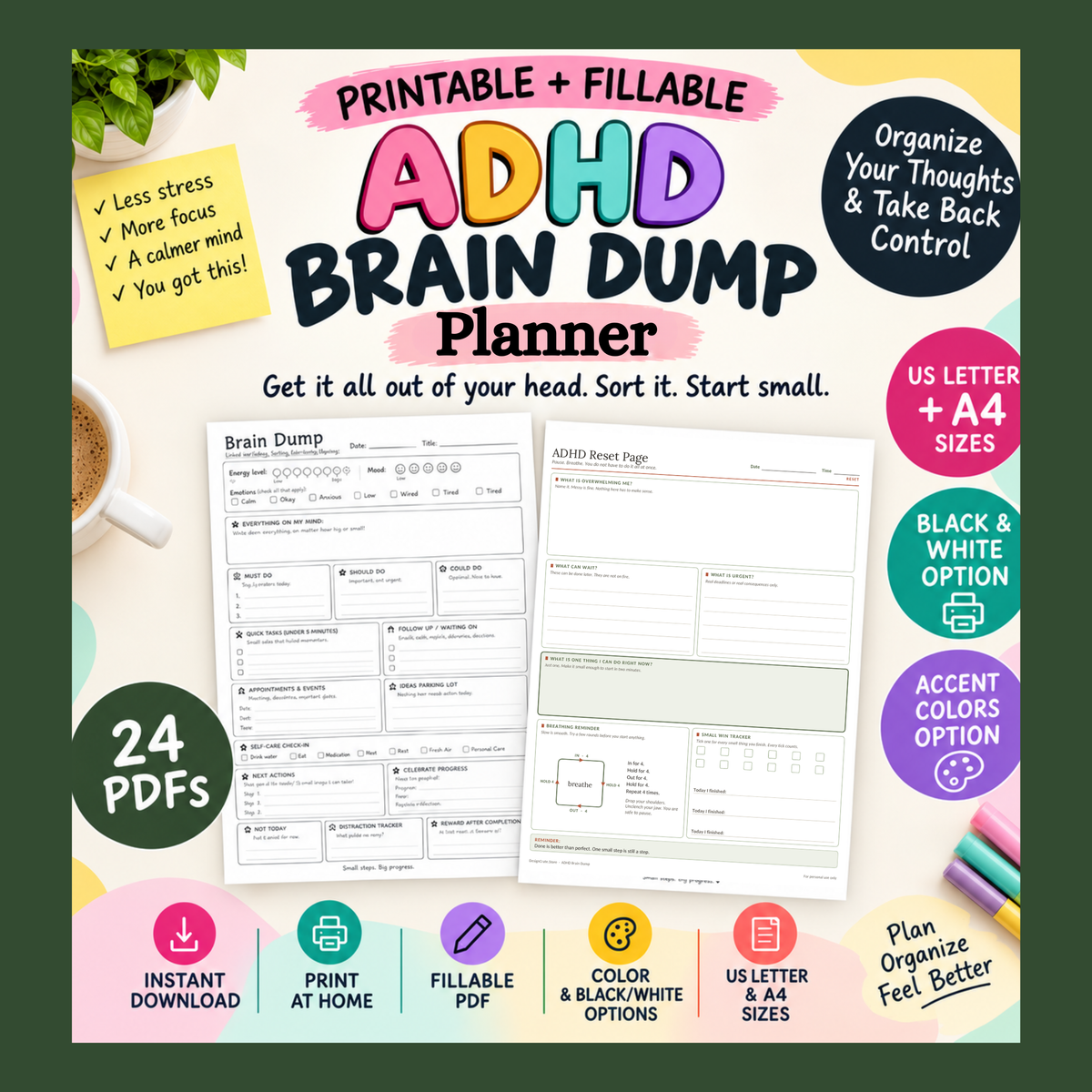ADHD Brain Dump Printable Worksheet & Planner: Fillable PDF, Letter + A4