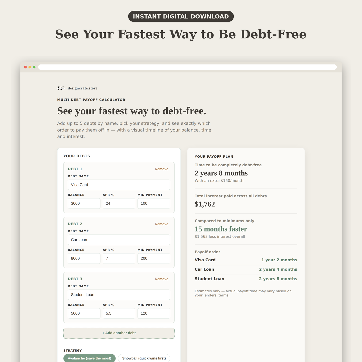 Debt Payoff Calculator, Multi Debt Snowball Avalanche Planner, Pay Off Debt Fast Tracker Tool, Digital Download