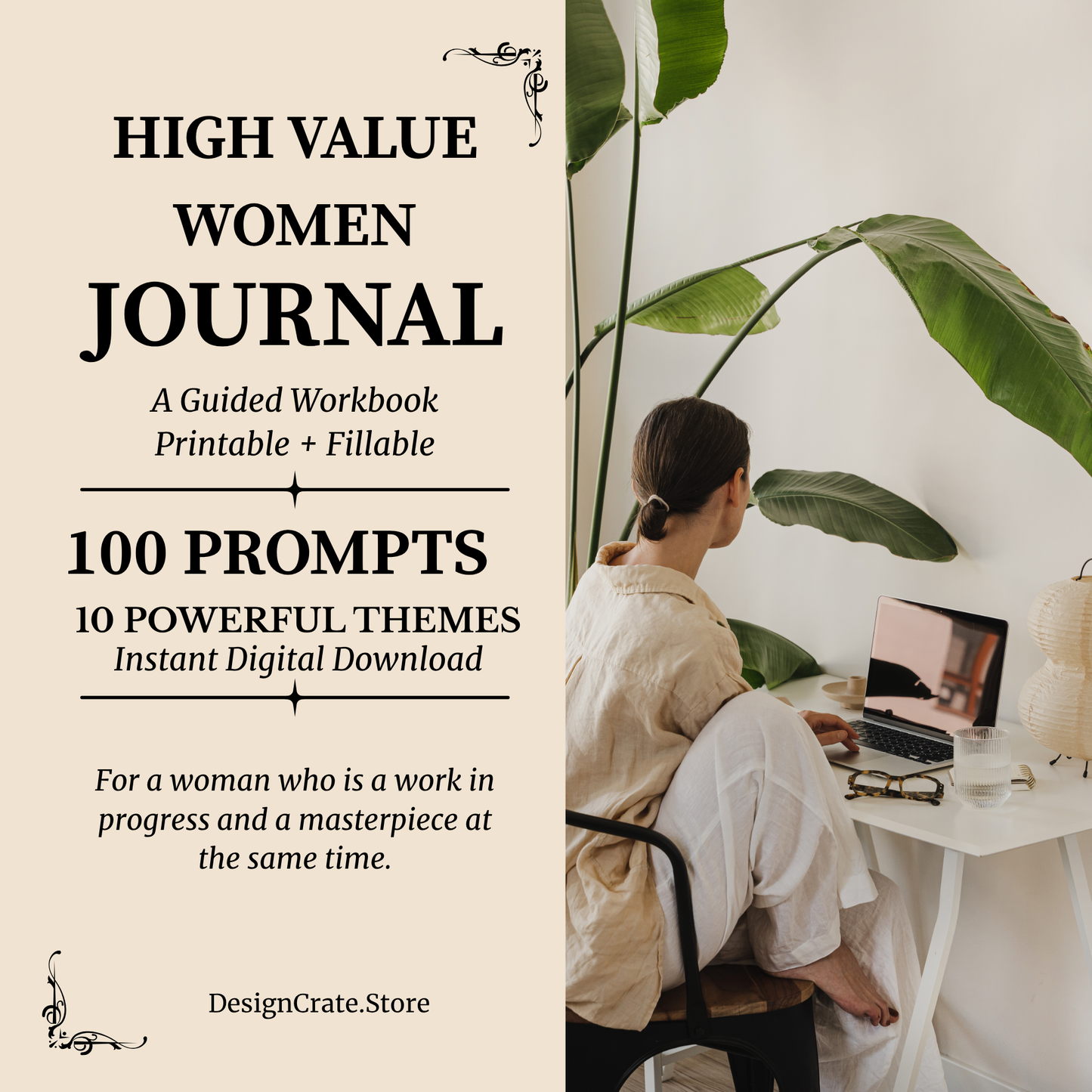 High Value Woman Journal — 100 Guided Self-Worth Prompts (Printable + Fillable PDF)