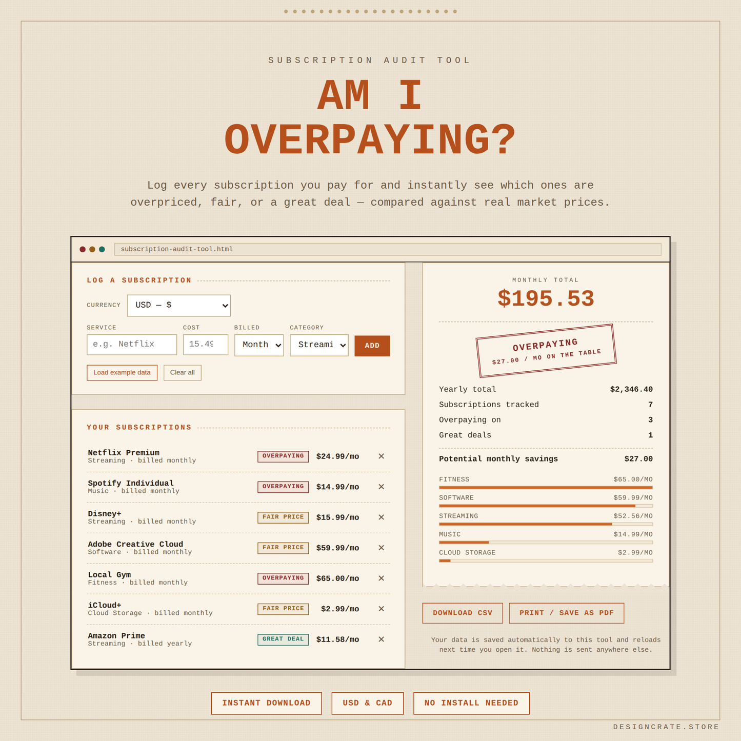 Am I Overpaying? Subscription Audit Tool — Digital Download Budget Tracker (USD & CAD)